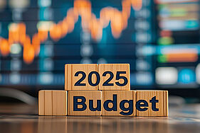 2025 annual business budget , tax or marketing plan, financial management with forex trading graphs on background concept of budget impact on stock exchange